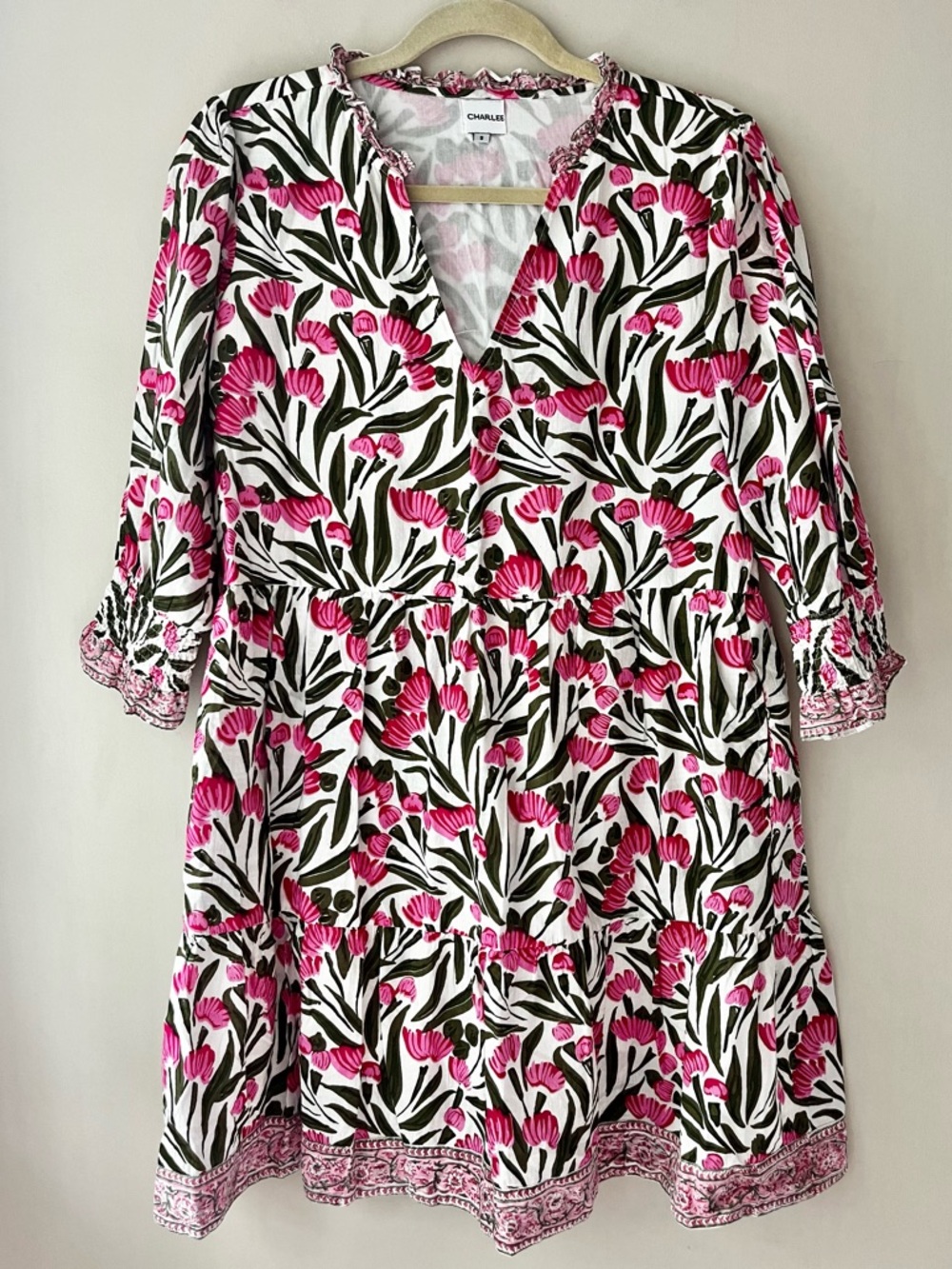 Charleston Shoe Co. Charlee Alexis Dress‎ Pink Green Floral Tiered Small